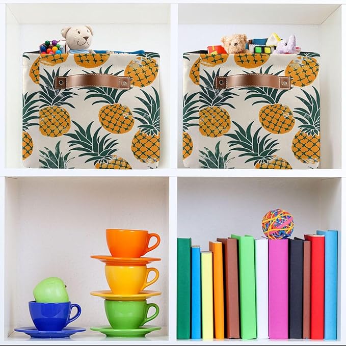 Large Storage Basket Pineapples Storage Bin Cube Canvas Fabric Organizer Handles Collapsible for Clothes Toys Bedroom Decorative