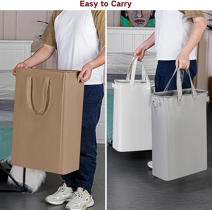 efluky Slim Laundry Basket, Narrow Laundry Hamper with Handles, Collapsible Dirty Clothes Hamper, Tall Laundry Bin for Laundry Room, Dorm and Bedroom, 19.8 Gallon (75L) Flax Brown