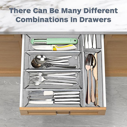 Smgmg Silverware Drawer Organizer, Cutlery Drawer Organizer, 6 Pack Utensil Drawer Organizer, Kitchen Utensils, Flatware Organizer with Interlocking Arm (9.6 * 3 * 2 inch, Grey)