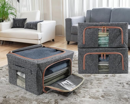 Linen Clothes Storage Bins, 4PCS Sturdy Closet Organizers and Storage Bin with Metal Frame, 2 Opening Ways Fabric Visible Lidded Storage Box for Organizing Clothing,Jeans,Sheets (4PC Gray, 22Liters)