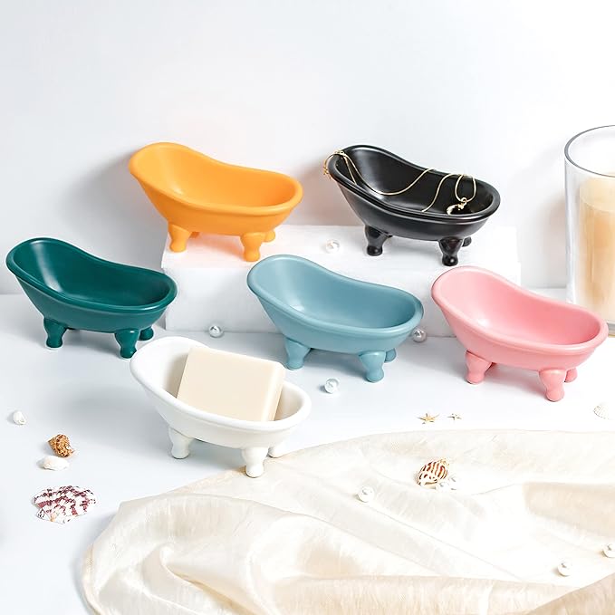 1 Piece 5.6" Colorful Ceramic Mini Clawfoot Bathtub Soap Dish Decortative Soap Dish Small Planter Makeup Organizer Container Hamster Bathtub(Blue)