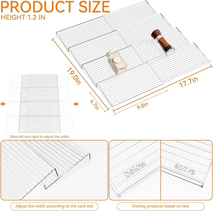 Yieach 8 Pack Adjustable Narrow Spice Rack for Drawer - Expandable From 9" to 17.7" - Acrylic Drawer Seasoning Organizer,Tiered Clear Spice Tray for Spices,Condiment,Nail Polish and Jar Organization