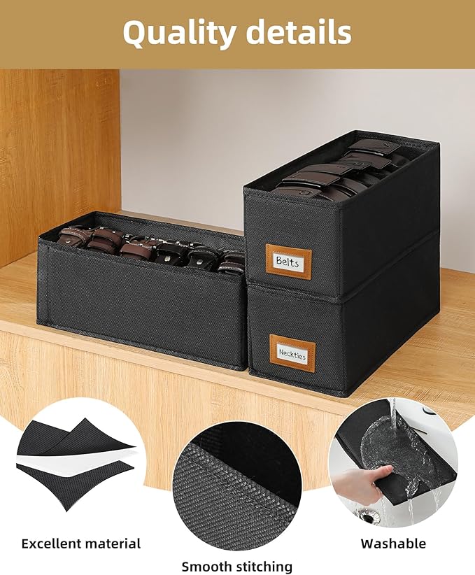 4 PCS Belt Organizer for Closet, 6 Grids Belt Holder, Washable Belt Box, Foldable Tie Organizer for Men, Belt Storage for Drawer (Black, card window)