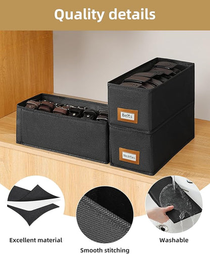 4 PCS Belt Organizer for Closet, 6 Grids Belt Holder, Washable Belt Box, Foldable Tie Organizer for Men, Belt Storage for Drawer (Black, card window)