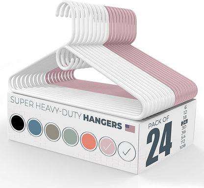 Super Heavy Duty Clothes Hangers 20 Pack (24 Count) – Made in the USA - 10lb Capacity, Thick Plastic Hangers for Pants, Coats, Jackets, Jeans and Adult Clothing – White & Pink