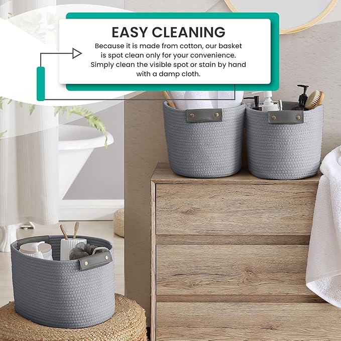 3 Pack Cotton Rope Storage Basket Woven Shelf Storage Bin with Faux Leather Handles, Decorative Closet Shelf Woven Basket for Storage Organizers, 15 x 10 x 9, Gray