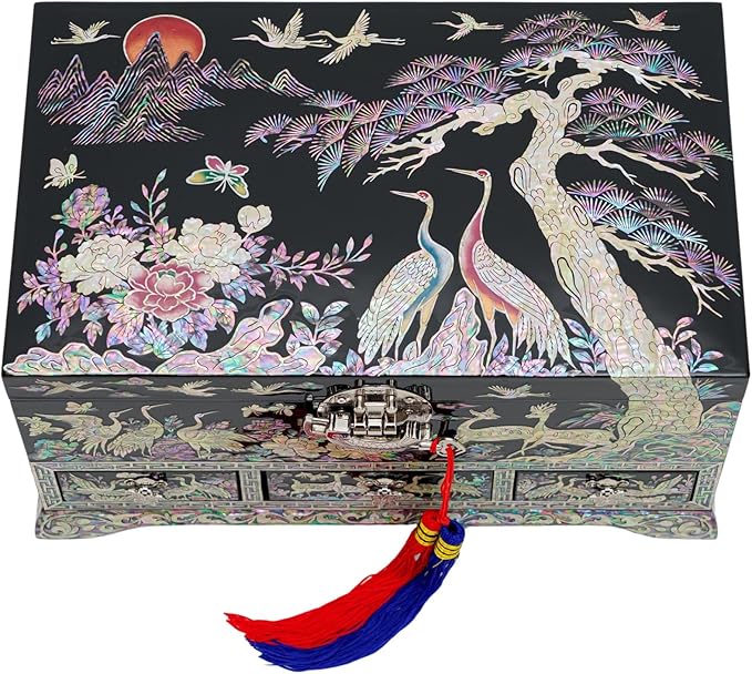 February Mountain Lockable Korean Mother-of-Pearl Jewelry Box - Najeon Chilgi Lacquerware with Crane and Floral Design, Vibrant Black Finish, Handmade (Black)