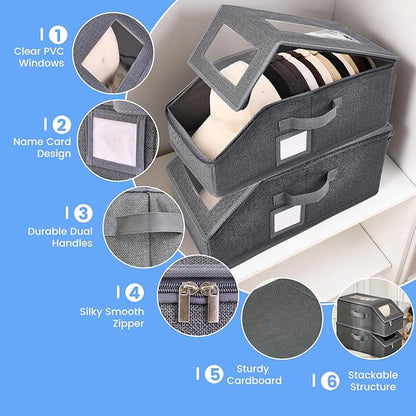 2 Pack Hat Storage for Baseball Caps, Hat Box with Clear View Window, Hat Organizer for Baseball Caps Holds 30 Caps with Cardboard for Men & Women, Ball Cap Organizer for Closet & Shelf (Dark Gray)