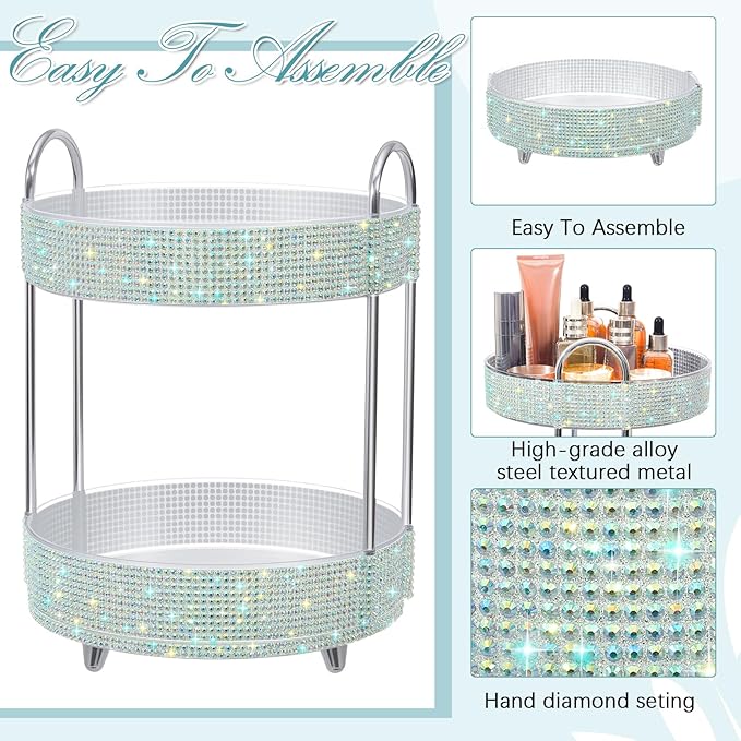 Honeydak 360 Rotating Perfume Organizer for Mother Day Nurse Day Rhinestone Bathroom Counter Organizer Makeup Holder Skincare and Perfume Storage for Cosmetic Countertop(2 Tiers,Resin Stone,Silver)