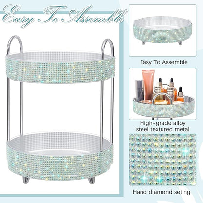 Honeydak 360 Rotating Perfume Organizer for Mother Day Nurse Day Rhinestone Bathroom Counter Organizer Makeup Holder Skincare and Perfume Storage for Cosmetic Countertop(2 Tiers,Resin Stone,Silver)