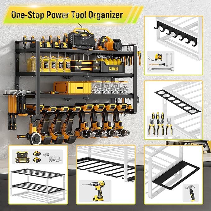 Hipidian Power Tool Organizer Wall Mount - Storage Rack with 4 Drill Holders for Drills Cordless Tools. Heavy Duty Iron Garage Tool Organizer Storage for Workshop Shed (8 Slots 4 Layers)