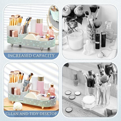 Teen Girls Mother's Day 360 Rotating Bling Makeup Organizer Gift Rhinestone Diamond Bathroom Organizer Girly Skin Care Brush Holder for Countertop, Bathroom Essentials(Silver,Rhinestone)