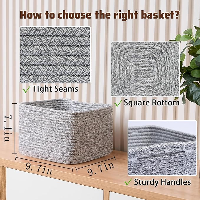 MiniArk Small Organizing Baskets for Cubes Shelf, 9.7x9.7x7.1 Inch Rope Woven Storage Bins for Nursery Shelves Storage, Cute Toy Basket, Square 3 Packs Mixed Grey