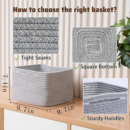 MiniArk Small Organizing Baskets for Cubes Shelf, 9.7x9.7x7.1 Inch Rope Woven Storage Bins for Nursery Shelves Storage, Cute Toy Basket, Square 3 Packs Mixed Grey