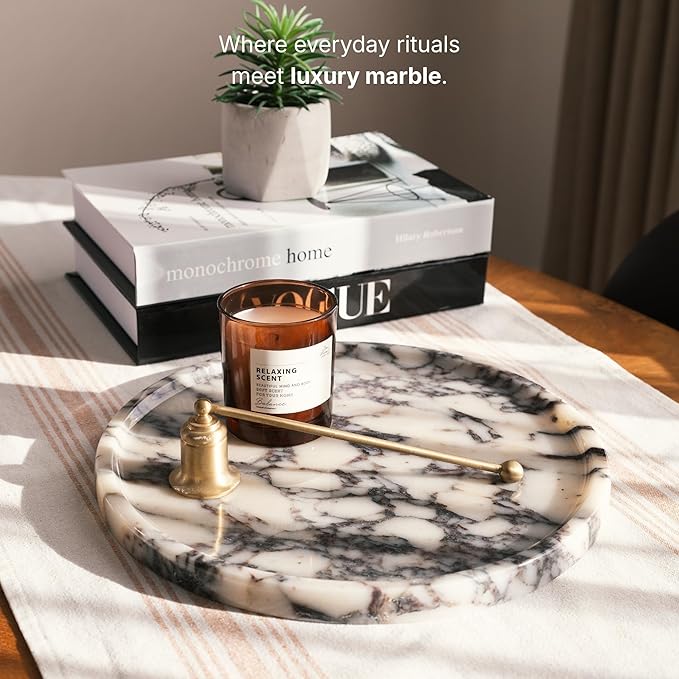 Calacatta Viola Marble Tray, Elegant Natural Stone, Round Marble Decorative Tray for Vanity, Bathroom, Kitchen and Home Decor, Premium Packaging, Large (11.5"), 5 lbs