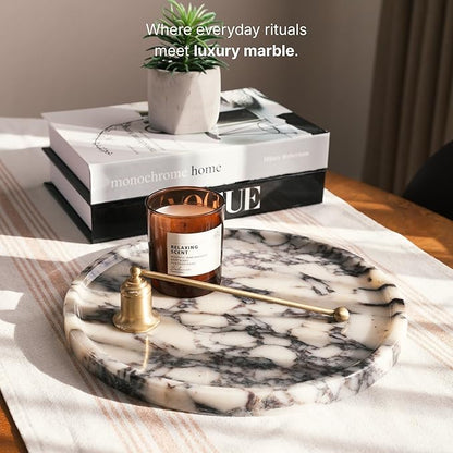 Calacatta Viola Marble Tray, Elegant Natural Stone, Round Marble Decorative Tray for Vanity, Bathroom, Kitchen and Home Decor, Premium Packaging, Large (11.5"), 5 lbs