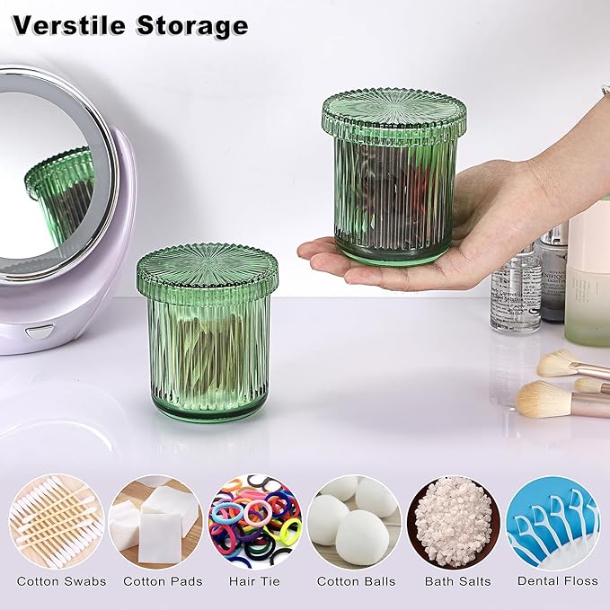 2 Pack Glass Qtip Holder with Lid, Qtip Dispenser Bathroom Storage Jars- Glass Apothecary Jars for Cotton Ball, Swab, Pads, Floss Picks, Bathroom Accessories Organization and Vanity Organizer(Green)