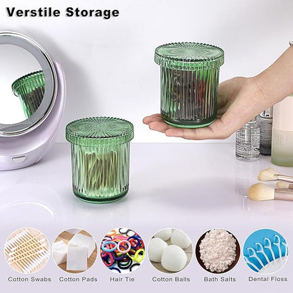 2 Pack Glass Qtip Holder with Lid, Qtip Dispenser Bathroom Storage Jars- Glass Apothecary Jars for Cotton Ball, Swab, Pads, Floss Picks, Bathroom Accessories Organization and Vanity Organizer(Green)