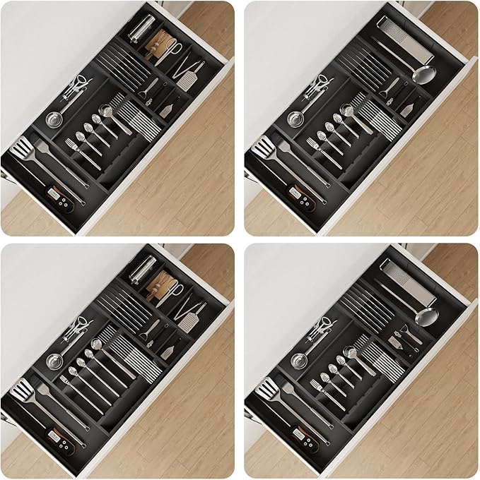 Bamboo Silverware Drawer Organizer, 17.72-29.53 Inch Expandable Large Kitchen Drawer Organizer, 5-8 Slot Flatware with Removable Card Slots & Knife Block for Spoon Butter Knive, Black