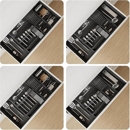Bamboo Silverware Drawer Organizer, 17.72-29.53 Inch Expandable Large Kitchen Drawer Organizer, 5-8 Slot Flatware with Removable Card Slots & Knife Block for Spoon Butter Knive, Black