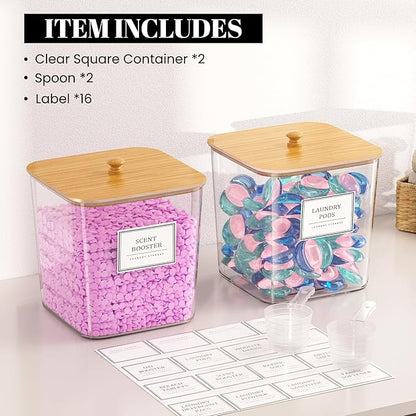 HomePekite 2 Pack Laundry Pods Container,Laundry Room Organization and Storage Containers with Wooden Lids & Labels Large Laundry Detergent Container for Powder,Scent Booster,Pods,Dryer Ball