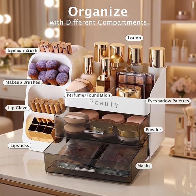 Makeup Organizer for Vanity with Brush Holder, Countertop Makeup organizer with Drawers for Skincare, Cosmetics, Perfumes, Eyeshadow Palettes, Spacious Cosmetic storage organizer