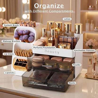 Makeup Organizer for Vanity with Brush Holder, Countertop Makeup organizer with Drawers for Skincare, Cosmetics, Perfumes, Eyeshadow Palettes, Spacious Cosmetic storage organizer