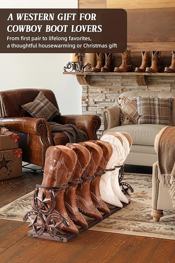 Western Horseshoe Boot Rack, 3 Pairs Freestanding Metal Boot Stand, Adjustable Cowboy Boot Organizer with Texas Star Ends for Entryway Bedroom Living Room Decor, Gift for Cowboy Boot Lovers, Bronze