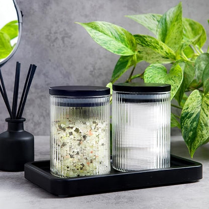 Mason & Fable Ribbed Glass Bathroom Jars & Tray Set | 10 fl oz, Set of 2 Storage Canister with Airtight Black Bamboo Lids | Cotton Pad/Swab/Q tip Holder/Bath Salt/Clear Vanity Apothecary Organizer