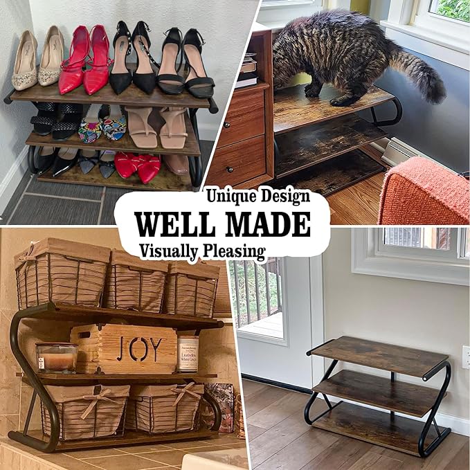 3-Tier Shoe Rack, Wooden Shoe Storage with S-Shaped Heavy Duty Metal Free Standing, Shoe Organizer Shelf for Front Door Entryway, Hallway, Living Room, Closet, Bedroom (Black & Rustic Brown)