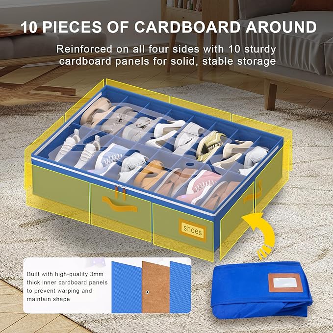 homyfort Shoe Organizer Under Bed, Fits 32 Pairs, Under bed Shoe Storage Boxes with Study Handles and Clear Cover, zapateras organizer for shoes, set of 2