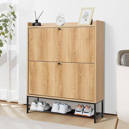 RARZOE Fluted Shoe Cabinet for Entryway with 2 Flip Drawers, Narrow Wood Shoe Cabinet with Fluted Panel, Slim Hidden Shoe Organizer Closed Shoe Rack with Metal Legs for Foyer,Hallway(31.5''Natural)
