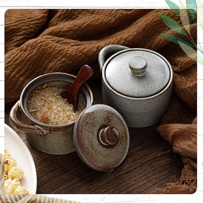 Honeydak Speckled Ceramic Salt Cellar with Lid and Wooden Spoon, Rustic Farmhouse Salt Pepper Cellar Holder for Mothers Day, Housewarming Gift, Heavyweight Spices Jar(Light Gray Retro Color,2 Set)