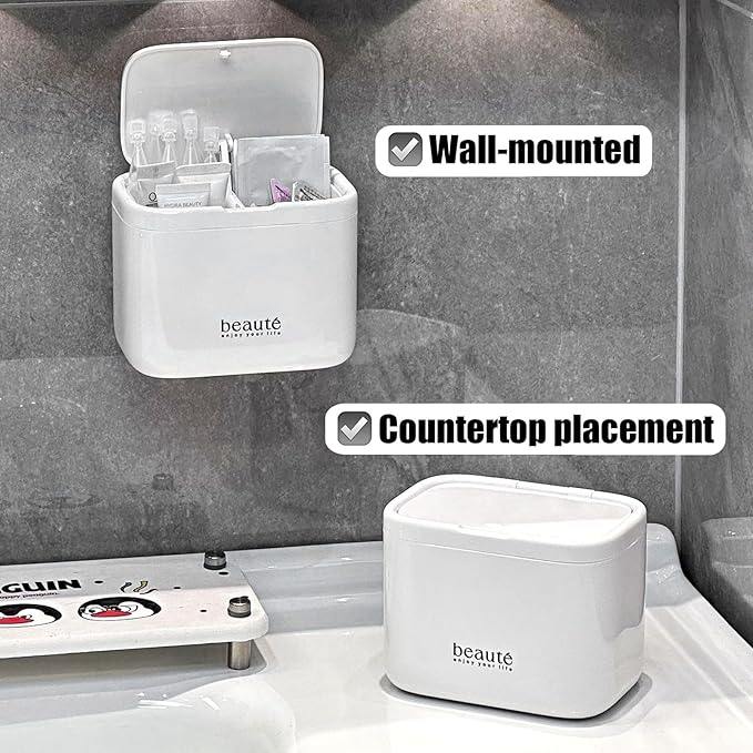 Pop-Up Q-Tip Holder & Cotton Pad Dispenser, Wall Mounted or Countertop Bathroom Organizer Box, Automatic Lifting Storage for Cotton Swabs, Hair Ties, Floss, Dustproof 4-Grid Vanity Container(White)