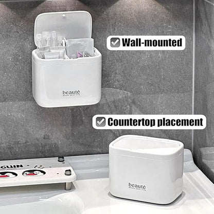 Pop-Up Q-Tip Holder & Cotton Pad Dispenser, Wall Mounted or Countertop Bathroom Organizer Box, Automatic Lifting Storage for Cotton Swabs, Hair Ties, Floss, Dustproof 4-Grid Vanity Container(White)