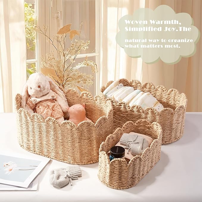 Scalloped Basket Set of 3, Wicker Storage Baskets - Hand-Woven Paper Rope Nursery Organizer for Diaper Caddy, Baby Toys & Shelves, Natural (16x10x7 Inch)