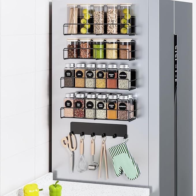 Mystozer 5 Pack Moveable Magnetic Spice Rack Organizer With 6 Hooks for Refrigerator, Metal Fridge Shelf Magnetic Basket for Fridge Kitchen Spice Organizer (Black)