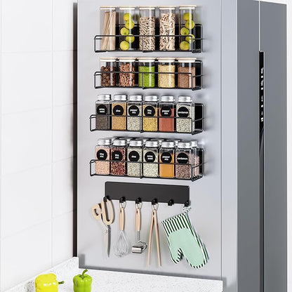 Mystozer 5 Pack Moveable Magnetic Spice Rack Organizer With 6 Hooks for Refrigerator, Metal Fridge Shelf Magnetic Basket for Fridge Kitchen Spice Organizer (Black)