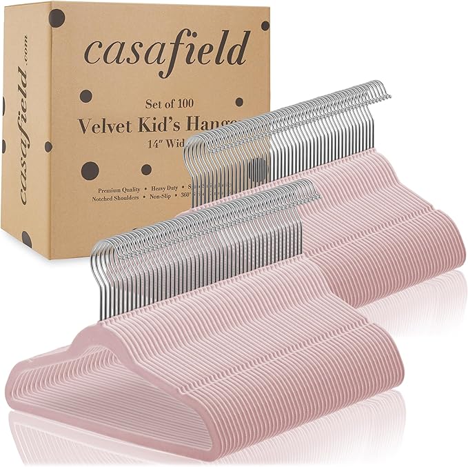Casafield 100 Velvet Kid's Hangers - 14" Size for Children's Clothes - Light Pink