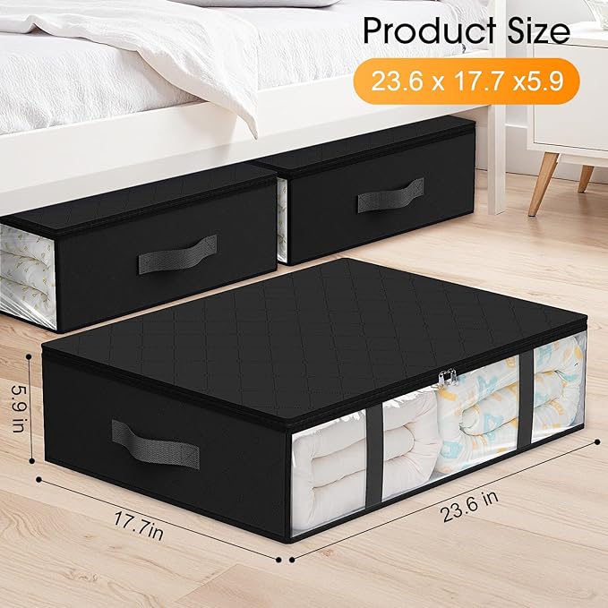 StorageRight Under Bed Storage Bags 6 Pack, 40L Large Clothes & Comforter Storage Containers with Clear Window, Breathable Fabric Organizer for Blankets, Bedding, Seasonal Clothing, Black