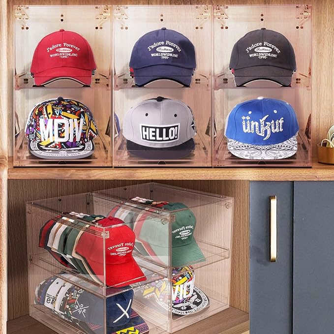 Acrylic Hat Organizer for Baseball Caps, Stackable Clear Sliding Tray & Door Panel Hat Holder Box , Large Cap Holder Organizer with Sliding Tray, Hat Racks Can Hold 30 Caps 16.6" H x 10.7" W x 15.8" D