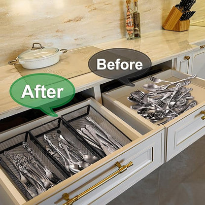 Elsjoy 4 Pack 12 Inch Mesh Flatware Trays for Kitchen Drawers, Metal Utensil Desk Drawer Organizer Kitchen Cutlery Tray Holder, Long Narrow Silverware Organizer for Spoon, Knife, Fork