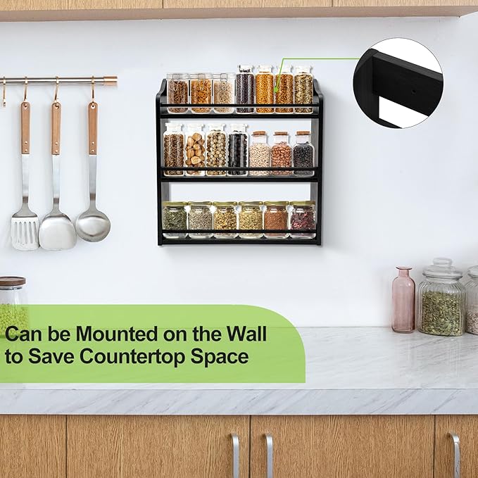 3 Tier Bamboo Spice Rack,Seasoning Jars Rack Shelf Spice Organizer for Kitchen Counter or Wall Mounting (Black)