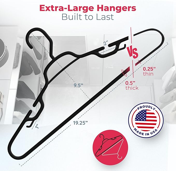 Large & Wide Heavy Duty Clothes Hangers 50+ Pack (72 Count) – Made in USA – Ideal for Plus Size Clothing – 10lb Plastic Hangers with Notches for Oversized Adult Coats & Pants – Black