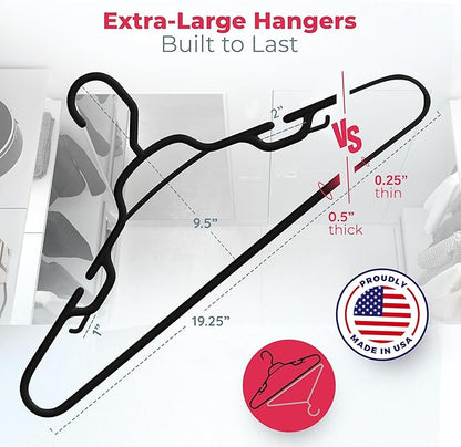 Large & Wide Heavy Duty Clothes Hangers 50+ Pack (72 Count) – Made in USA – Ideal for Plus Size Clothing – 10lb Plastic Hangers with Notches for Oversized Adult Coats & Pants – Black