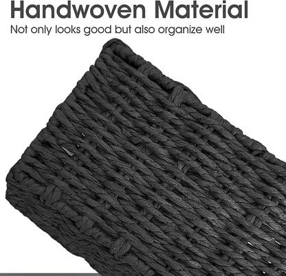 Paper Rope Storage Baskets for Shelves Organizing, Small Hand Woven Wicker Organizer Basket with Handle for Bathroom Toilet Paper Storage, Black, 3-Pack