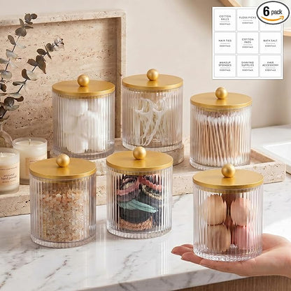 Yaomiao 6 Pcs Ribbed Bathroom Canisters Apothecary Jars with Golden Bamboo Lids and Label Stickers, 18 oz Plastic Canister with Fluted Design for Cotton Ball, Swab, Floss Picks House Storage