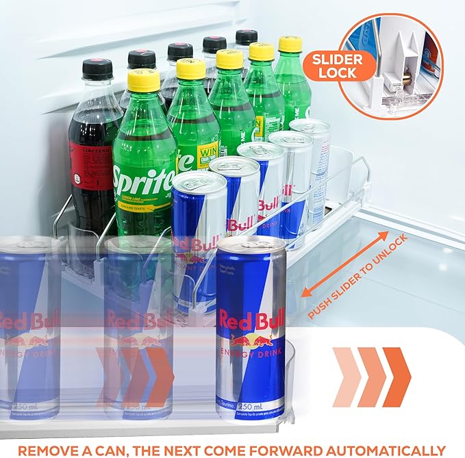 Upgraded Premium Drink Organizer for Fridge. Ultra Space Saving Soda Can Organizer for refrigerator with Larger Stopper Height and Automatic Pusher with Locking Feature. Holds 15 Cans (3 Rows, White)