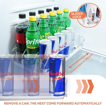 Upgraded Premium Drink Organizer for Fridge. Ultra Space Saving Soda Can Organizer for refrigerator with Larger Stopper Height and Automatic Pusher with Locking Feature. Holds 15 Cans (3 Rows, White)