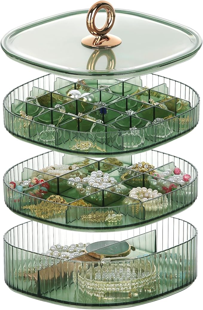 LETURE 3-Layer Acrylic Jewelry Organizer Box for Stud Earrings, Rings, Necklaces, Bracelets, Claw Clip Organizer, Small Bead Storage Containers for Crafts (Green)
